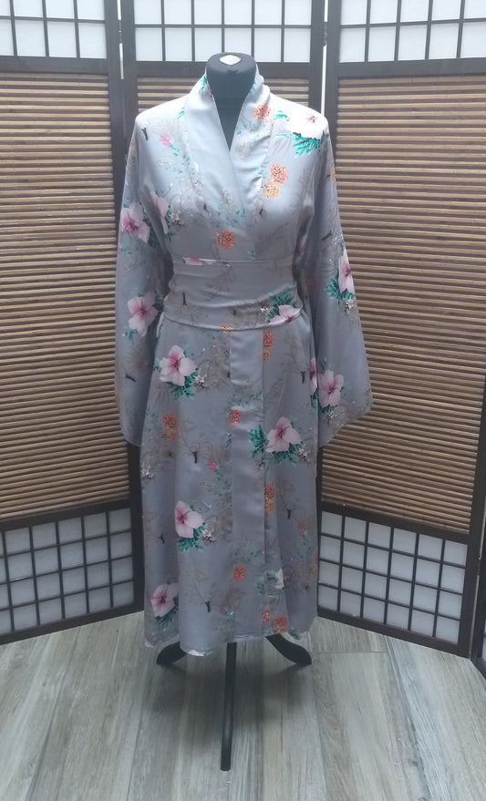 Kimono long gris floral